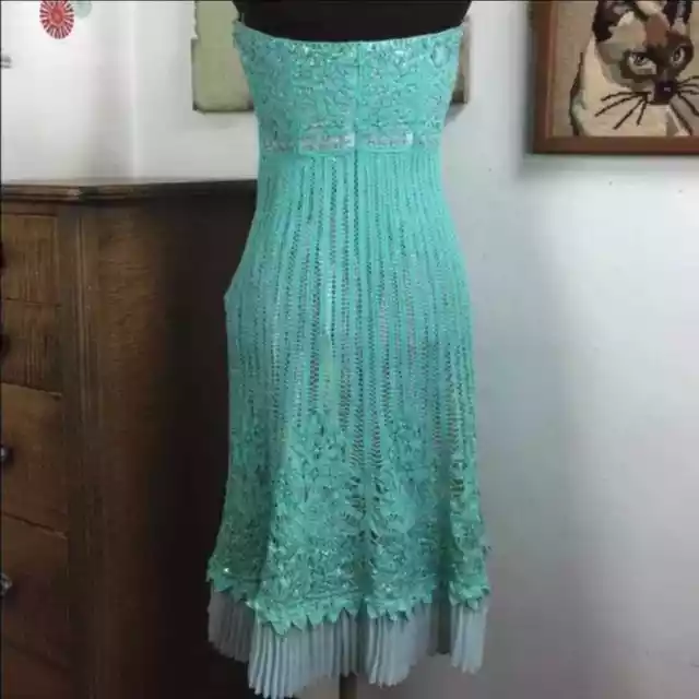 Vintage Betsey Johnson Aqua Crochet Lace Dress, Strapless 90s Cocktail, XS. 3