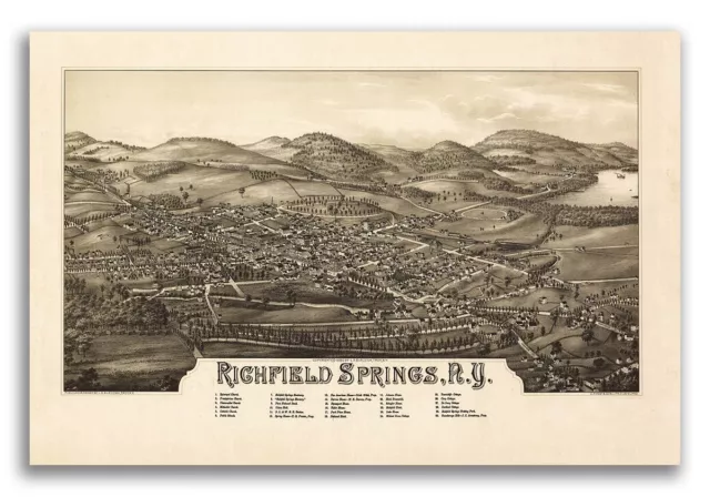 1885 Richfield Springs New York Vintage Old Panoramic NY City Map - 20x30