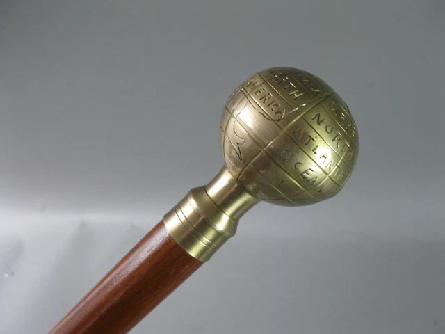 Handmade Victorian Style Brass Globe Handle Walking Stick Wooden Cane Vintage