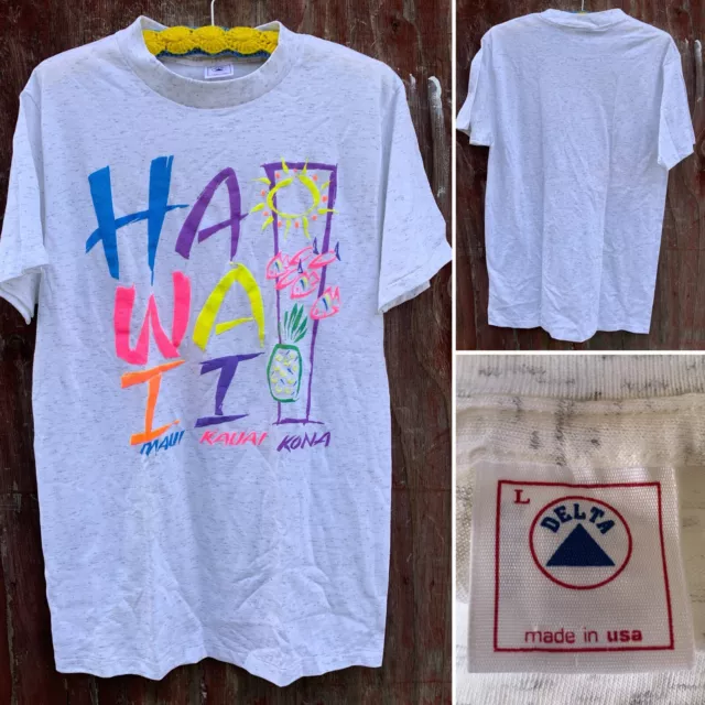 Vintage Hawaii Maui Kauai Kona T-Shirt 80s 90s Neon Graphics Single Stitch L