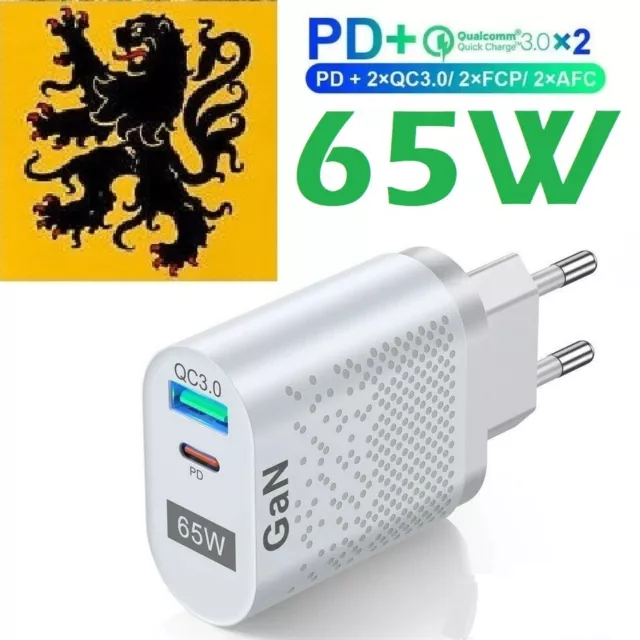 Chargeur Secteur Rapide USB 5V65W 1x QC3.0 + 1x PD3.0 USB-C 33W Iphone 12 GaN