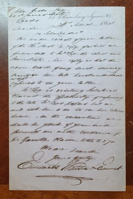 1866 Letter from Emmets, Watson, and Emmet, Solicitors, 14 Bloomsbury Square