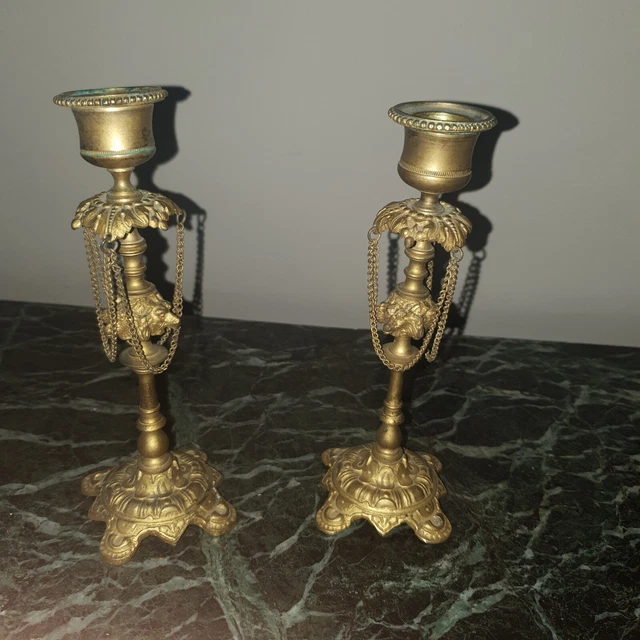 Belle paire  de petit bougeoirs  BRONZE NAPOLÉON III XIXe tête  de loup 19 eme