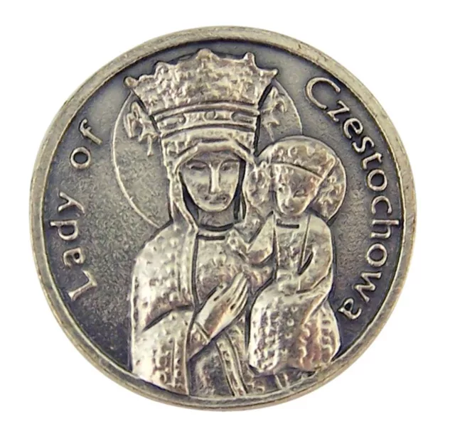Silver Tone Our Lady of Czestochowa with Christ Child Pocket Prayer Token