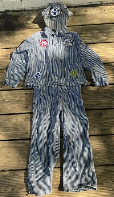 VTG CHILDS OUTFIT TRAIN ENGINEER JACKET, Overalls, & Hat Rail Road Patches Retro