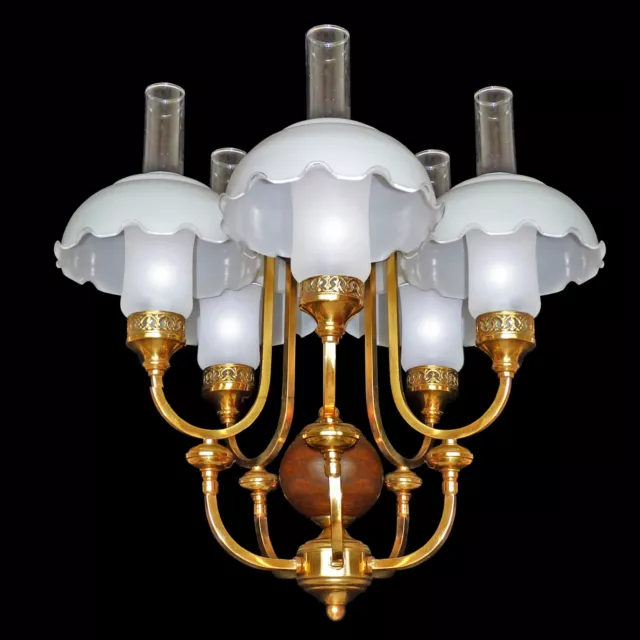 French Art Deco Victorian Colonial Oil Lamp/Opal GlassGilt Brass Wood Chandelier