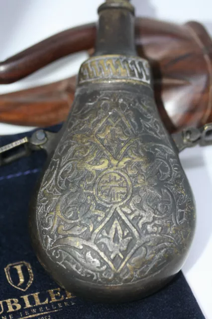 Antique 19th Century Greek Balkan Silver Plated Brass Gun Powder Flask