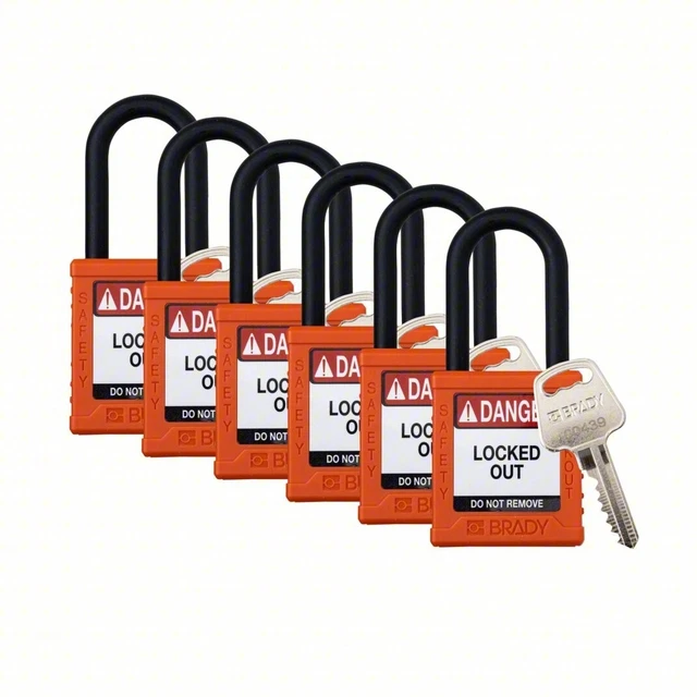 6PK BRADY Lockout Padlock: Keyed Alike, Nylon Standard Body Size, Plastic Orange