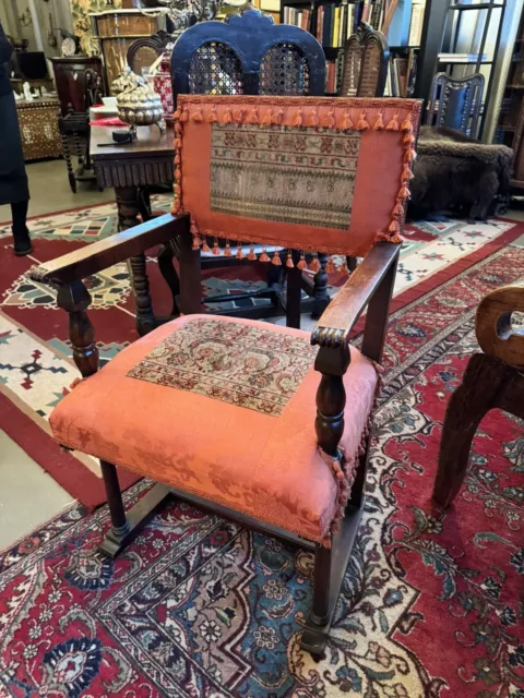 Antique Upholstered Continental Walnut Sled Base Arm Chair w/ Embroidery Panels