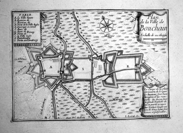 1680 Bouchain France Plan Carte Map Gravure sur Cuivre Engraving Beaulieu