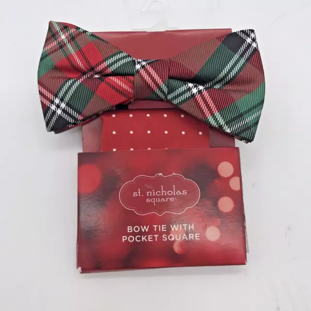 ST. NICHOLAS SQUARE Christmas Green Plaid Bow Tie & Red Dot Pocket ...