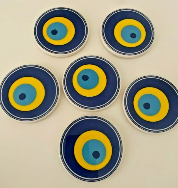 6x Handmade Turkish Ceramic Evil Eye Coaster Set, Traditional Colorful Ceramic