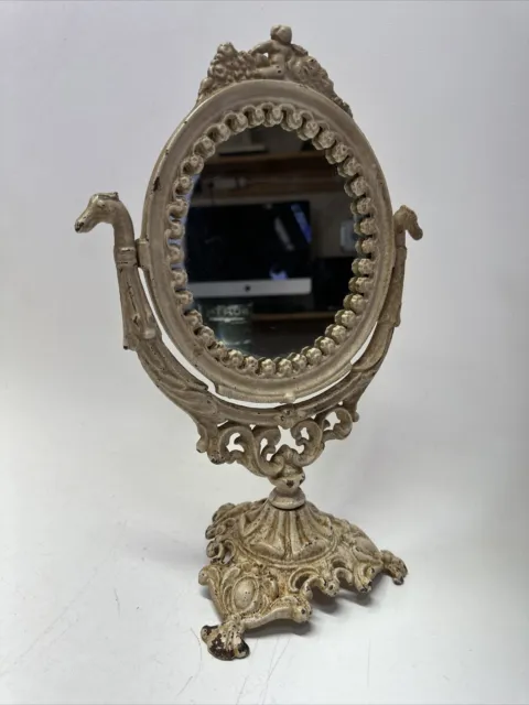 Vintage Vanity Table Cast Iron Oval Victorian Cast Mirror Swivel Bird Accents