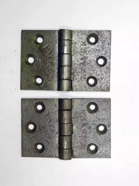One Pair Antique Heavy Cast Iron Hinges Signed G. Mayer Patent 5 Circa 1860