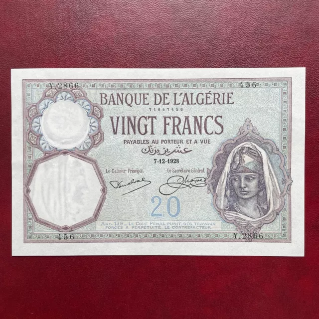Algérie Billet 20 Francs 1928 Alph Y.2866 Banque De L Algérie 07.12.1928