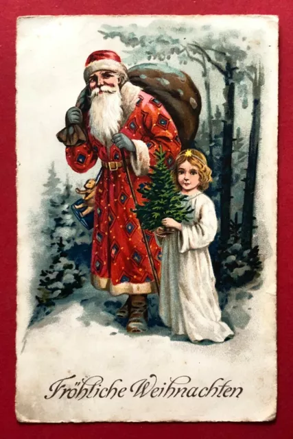 Glückwunsch AK WEIHNACHTEN um 1930 Weihnachtsmann mit Engel Schutzengel ( 88699