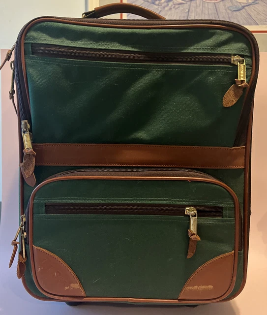LL Bean Green Brown 17" x 13" x 8 Leather Carry On Rolling Wheeled Suitcase Bag