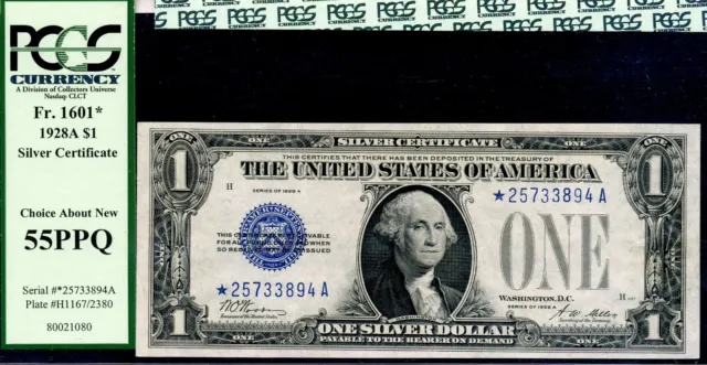 1928A $1 Silver Certificate PCGS 55PPQ silver dollar blue seal star Fr 1601*