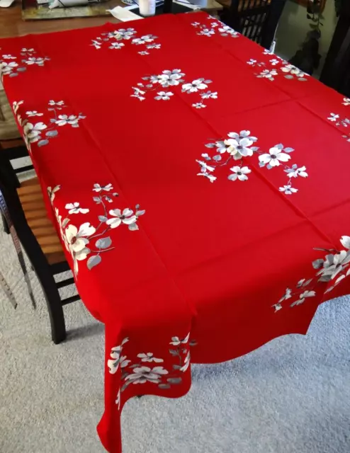 MID Century Vintage Wilendur Christmas Tablecloth Red White Dogwood Flowers 70" 3