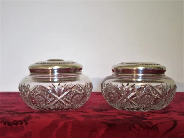Pair of Antique American Webster Sterling Silver & Cut Crystal Glass Vanity Jars