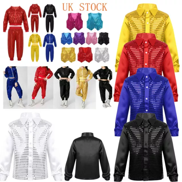UK Kids Boys Girls Sequin Dance Tops Outfits Modern Jazz Hip Hop Stage Costumes