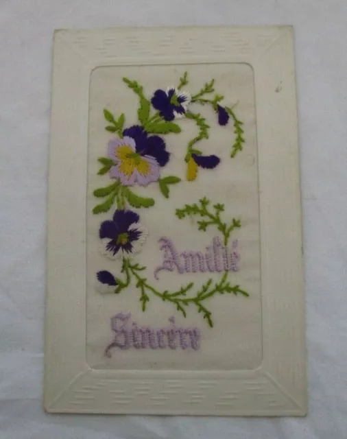 Cpa Fantaisie Brodée Amitie Sincere Motif Floral