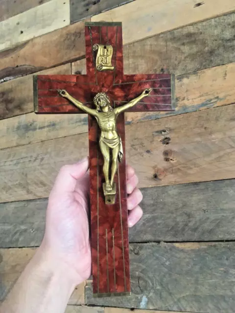 Antique French Art Deco Bakelite Brass Wall Hanging Crucifix Church Cross Jesus