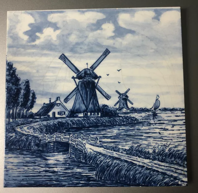 6" Vintage Delft Blue Handpainted Holland Ceramic Tile Windmill Boat Farm Scene