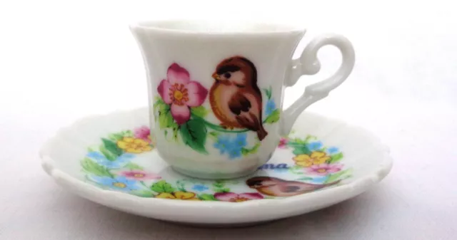 Pretty Miniature Cup and Saucer I Love You Grandma Flowers & Bird