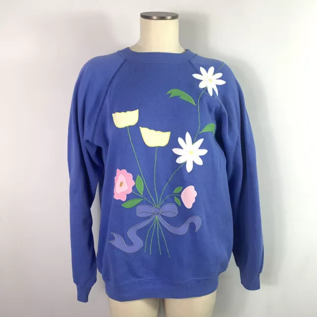 Vintage 90s Sweatshirt Hanes Womens Large Flowers Bow Floral Applique Crewneck