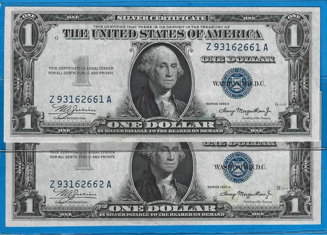 1935 A $1 Silver Certificates,2) Consecutive Notes,Blue Seal,CH Crisp AU,Nice!