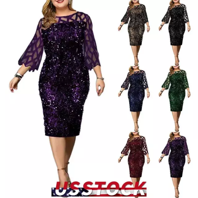 Plus Size Womens Sexy Mesh Sequin Midi Dress Cocktail Evening Party Bodycon Gown