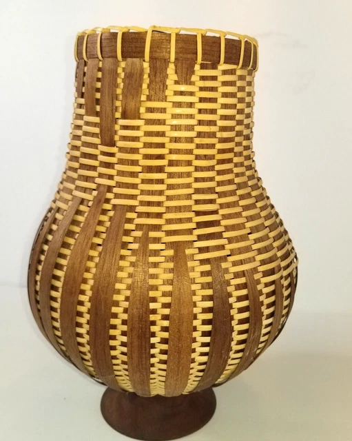 VINTAGE WOVEN WOOD Vase Wood Pedestal MidCentury Boho Rattan Unique