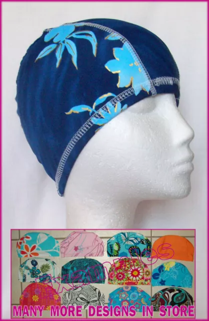 Kids 4 - 14 yrs LYCRA SWIMMING CAP - BLUE FLORAL Designer Childs Swim Hat - NEW