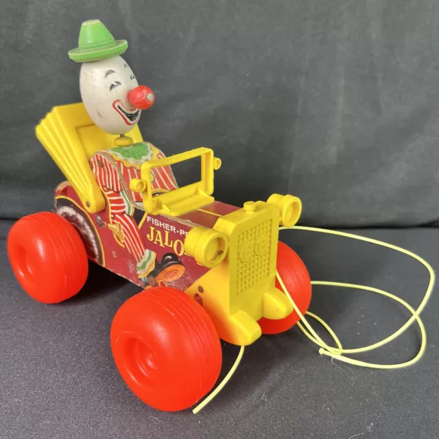 vtg 1965 Fisher Price Jolly Jalopy w Circus Clown Wooden Pull Toy #724