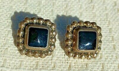 Old Pawn style Onyx & Sterling Silver Earrings Pierced Posts Mexican Jewelry VTG