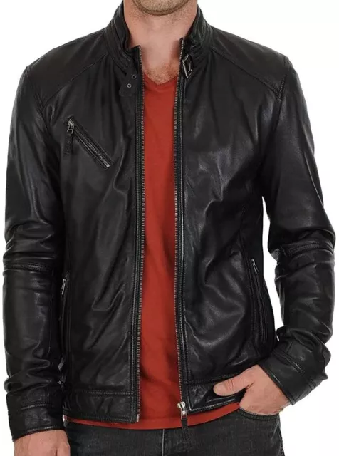 Mens Leather Jacket Slim Fit Biker Motorcycle Genuine Lambskin Jacket Coat