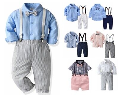Kids Boys Gentleman Outfits Suit Lapel Shirts Tops Long Suspender Pants Baby