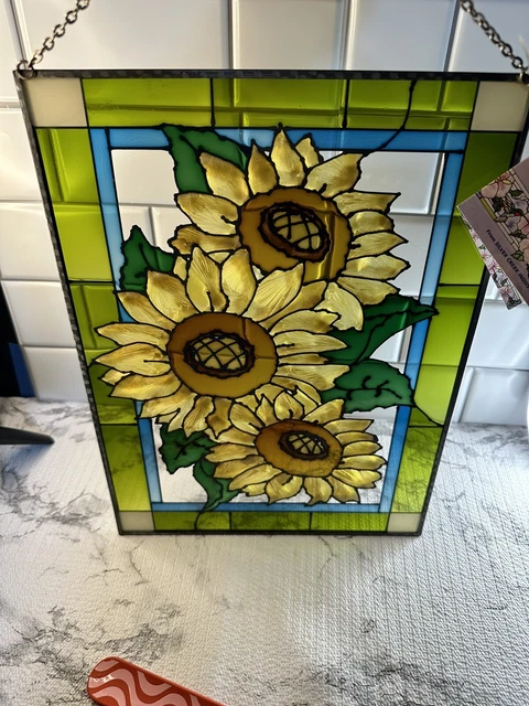 Vtg~10”X 14”Large Handcrafted/Painted ~Stained Glass window panel. Sunflowers