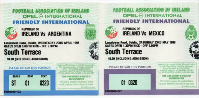 2 Republic of Ireland v Argentina & Mexico Friendly Football Tickets Played 1998