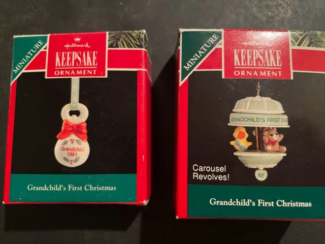 Hallmark GRANDCHILD'S FIRST CHRISTMAS Miniature Ornament 1992 Lot Of 2