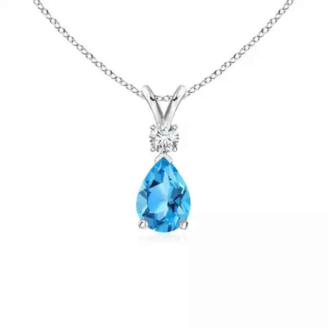 ANGARA Swiss Blue Topaz Teardrop Pendant with Diamond in 14K Gold | 18" Chain