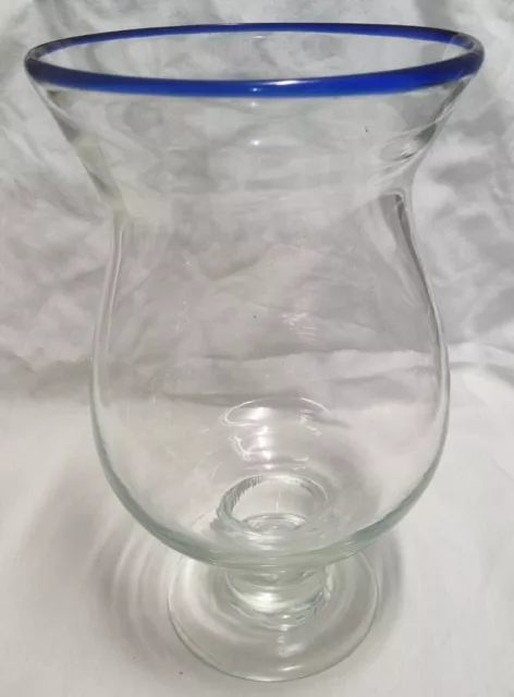 Giant Hurricane Glass Pedestal Vase Handblown Blue Rim Mexico Glass
