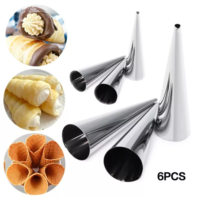 6X Baking Cones Stainless Steel Spiral Croissant Tubes Horn Bread Pastry Molds