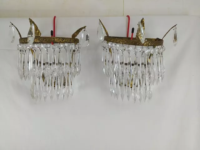 Vintage Brass Leaf Waterfall 2 Tiers of Crystals Wall Light x 2 - Need Rewiring