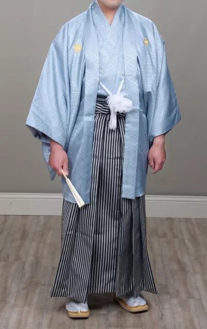 Japanese Men's Formal Kimono Light Blue Montsuki Haori Hakama Set 着物紋付羽織袴３点セット