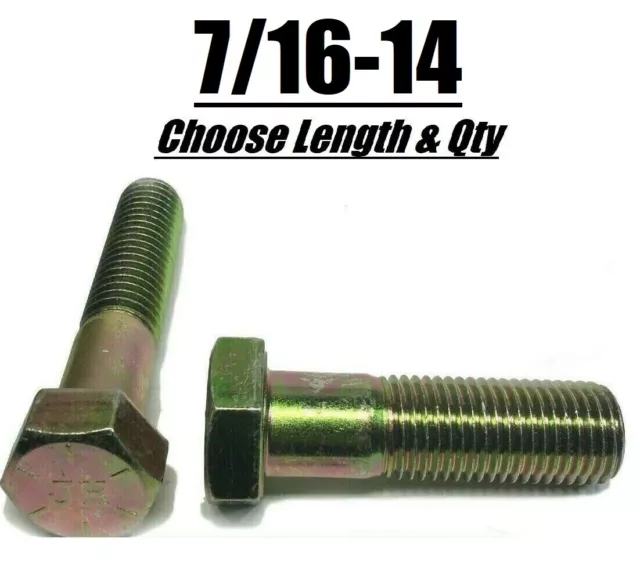 7/16"-14 Hex Cap Screws - Zinc Plated Steel Hex Bolts - Grade 8 - Select Size