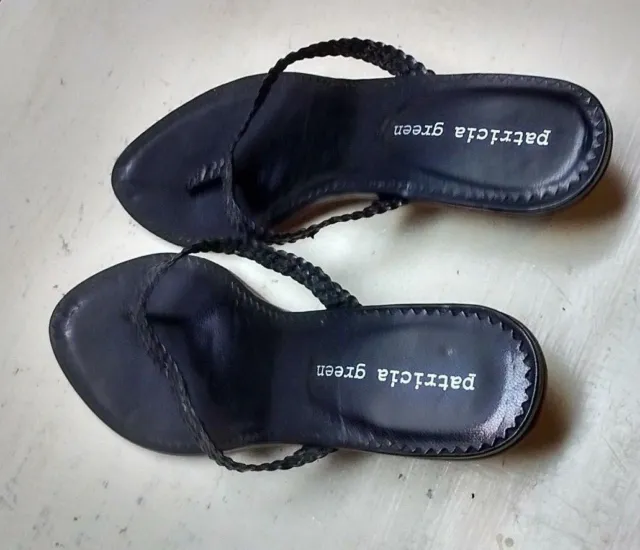 Patricia Green Black Leather Flip Flop Heel Mule Thong Sandal Women's Shoe 7M 38