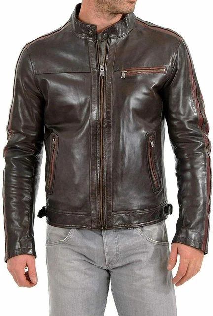 Classico Uomo Originale Morbido pelle D'Agnello Giacca Biker Moto Marrone Righe