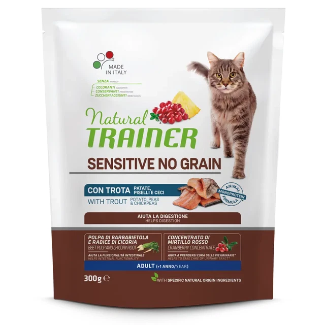 x12 Natural Trainer  Cibo Secco Sensitive No Grain Adult con trota Gatto Croccan